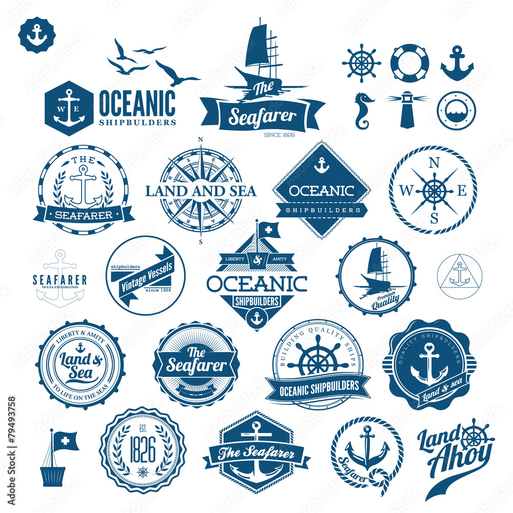 Set Of Vintage Retro Nautical Badges And Labels - obrazy, fototapety, plakaty 