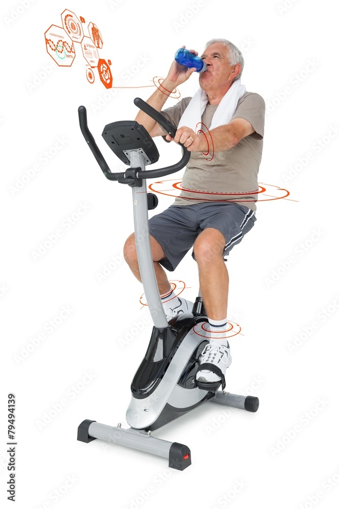 Composite image of senior man drinking water on stationary bike Composite image of senior man drinking water on stationary bike