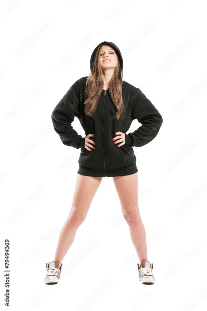 Perky and sexy female wearing a black hoodie Perky and sexy female wearing a black hoodie