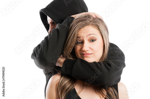 Mad male aggressor and confident female