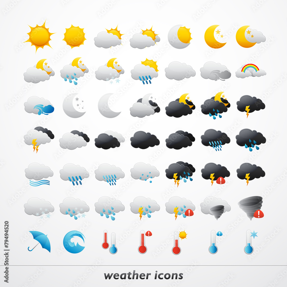 Obraz premium Zestaw 49 wysokiej jakości ikon wektorowych pogody