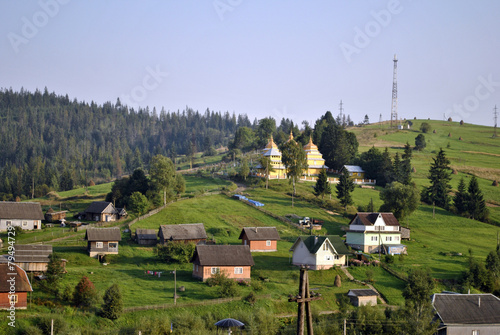 Landscape with hills on the panorama of the Carpathians village