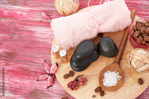 Composition of spa treatment on wooden background