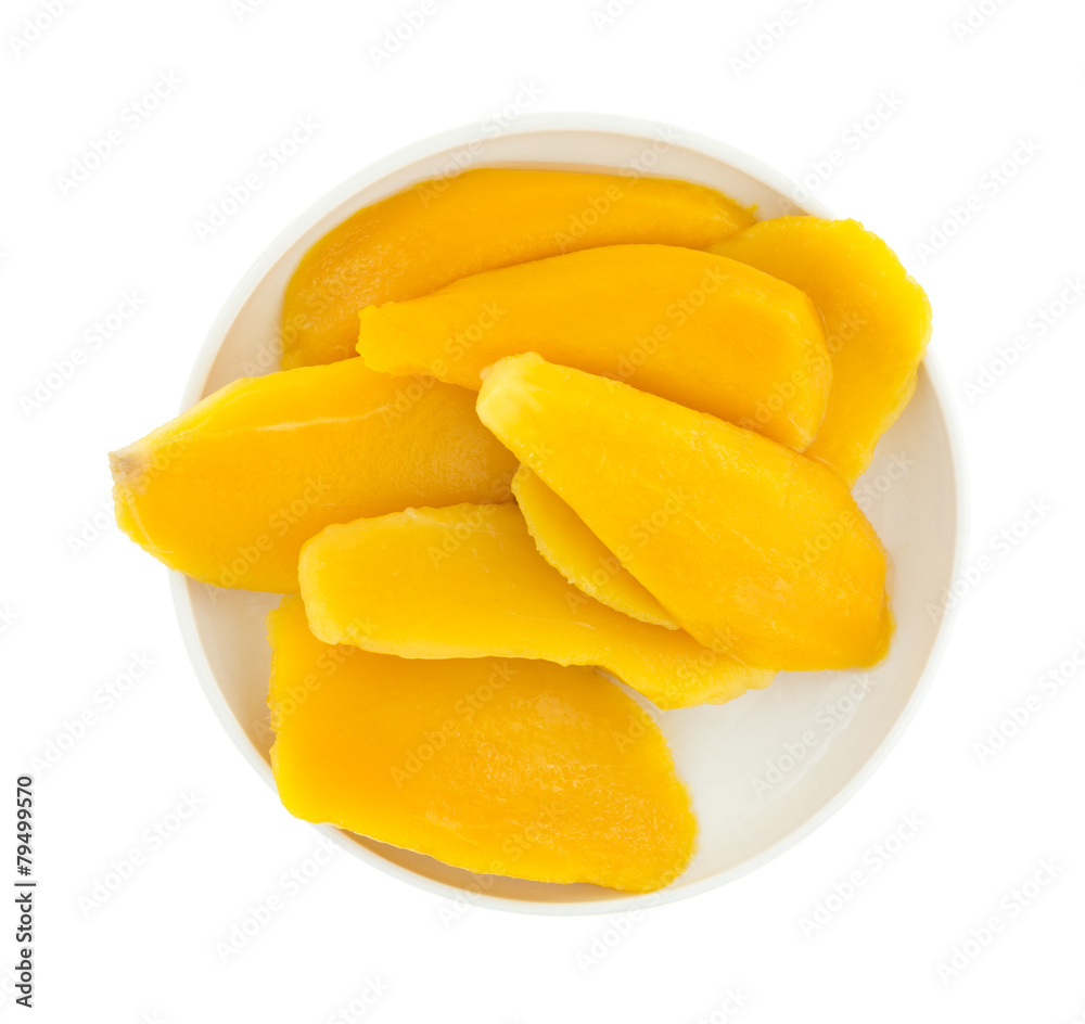 Canned mango slices in dish