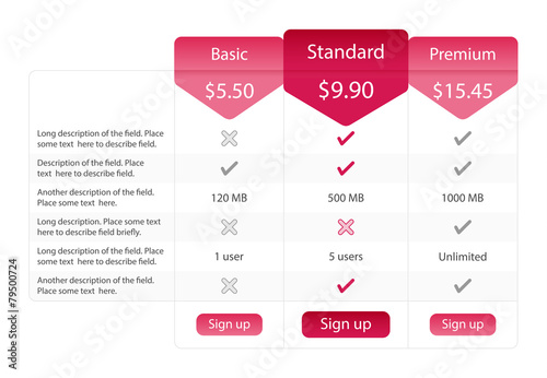 Light pricing table with 3 options and one recommended
