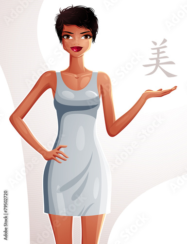 Attractive tanned standing girl showing at empty copy space with