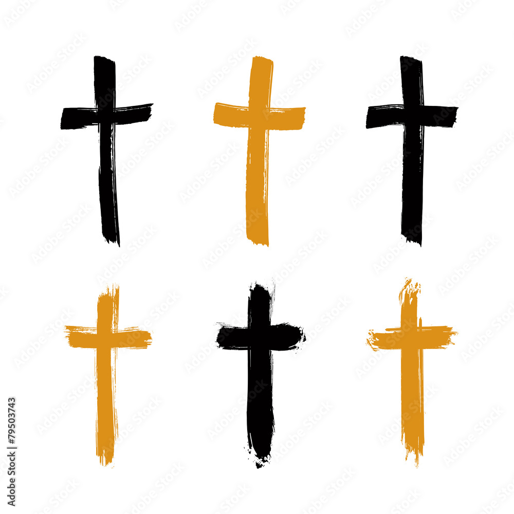 Set of hand-drawn black and yellow grunge cross icons, collectio