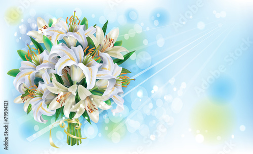 Fototapeta Naklejka Na Ścianę i Meble -  Card with Bouquet of  white lilies