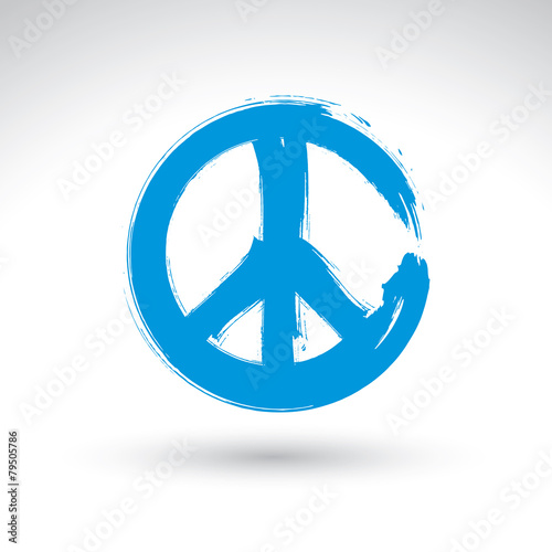 Hand drawn simple vector peace icon, brush drawing blue realisti