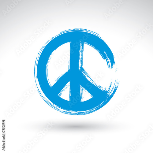 Hand drawn simple vector peace icon, brush drawing blue realisti