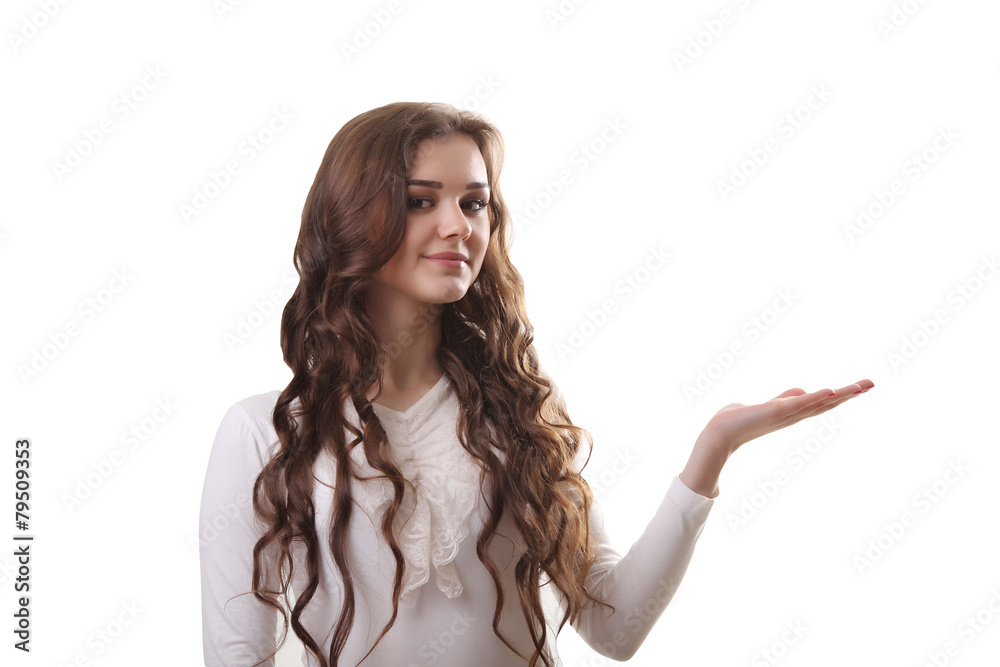 Beautiful businesswoman with an open hand isolated on white back Beautiful businesswoman with an open hand isolated on white back