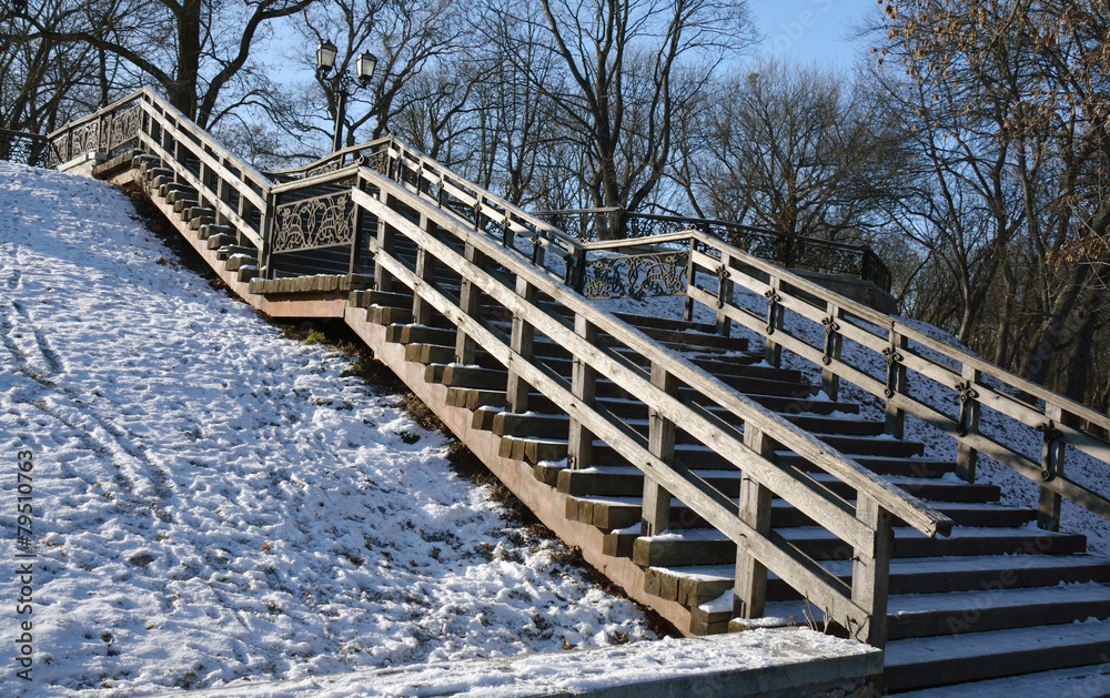 winter Val park in Chernihiv with wooden stairs