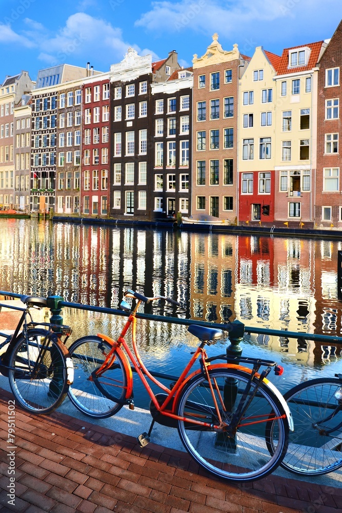 Bicycles along canals with reflections, Amsterdam, Netherlands