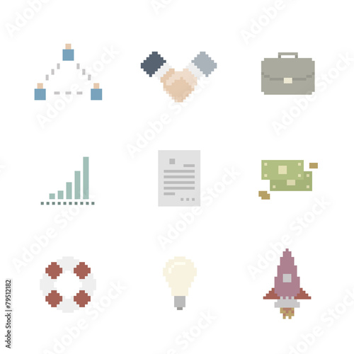 Business Icon Set In Pixel Art Style
