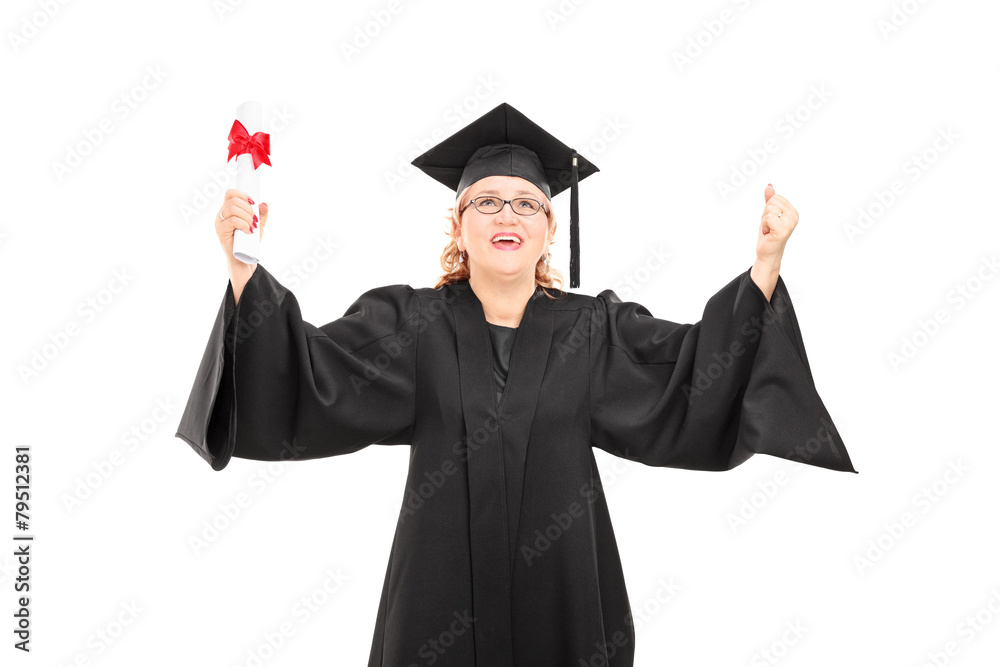 Overjoyed mature woman holding a diploma Overjoyed mature woman holding a diploma