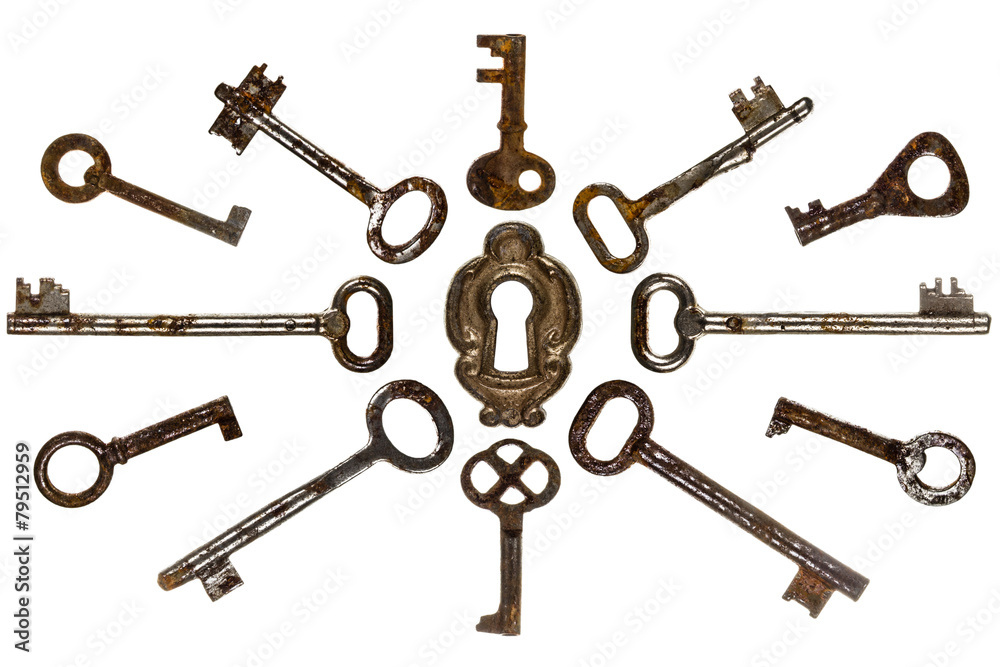 Set of old keys, isolated on white background Set of old keys, isolated on white background