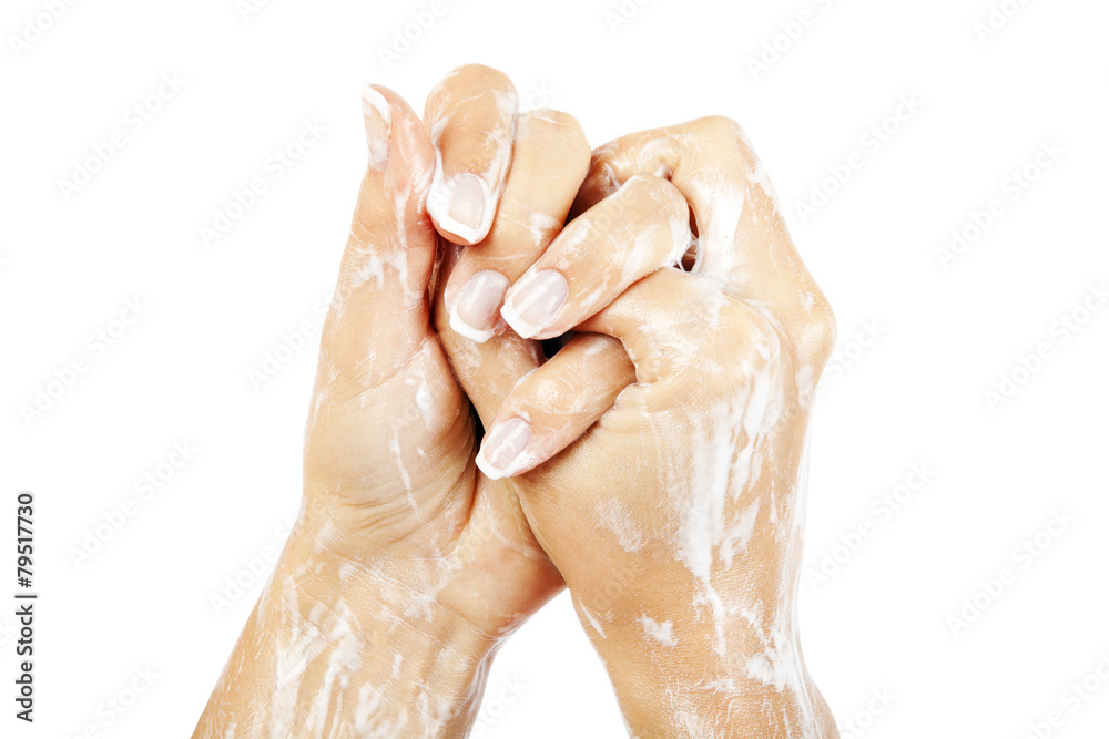 Fototapeta premium Soap female hands isolated on white background