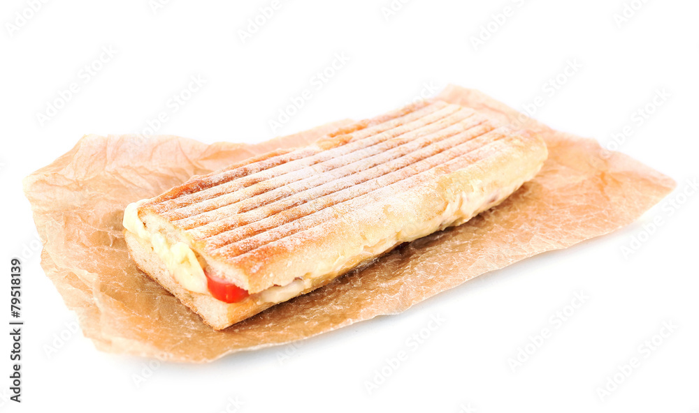 Tasty sandwich on paper isolated on white Tasty sandwich on paper isolated on white