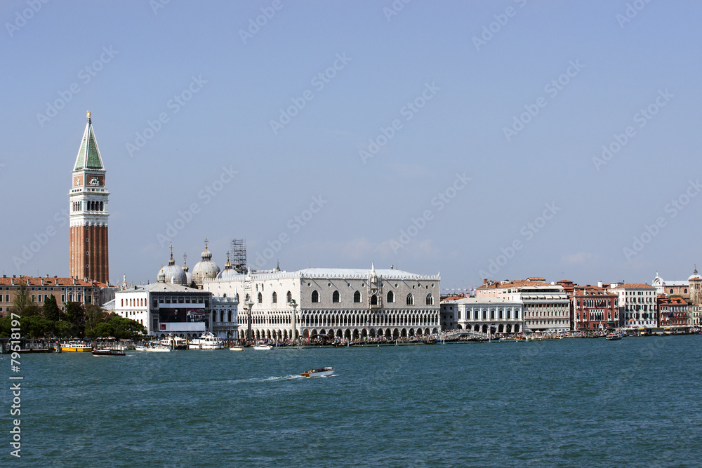 Schiavoni quay, doges palace and water traffic in summer Venice
