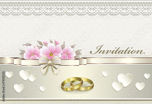 wedding card with rings and pink flowers