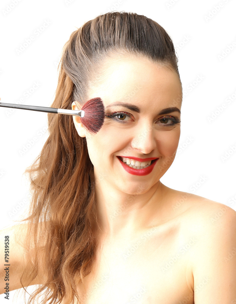 Fototapeta premium Portrait of beautiful woman with fancy glitter makeup isolated