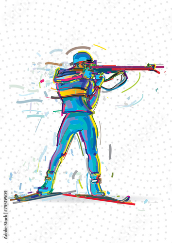 The biathlete preparing to the shooting. Style of paint strokes.