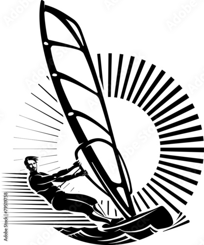 Windsurfing. Illustration in the engraving style. photo