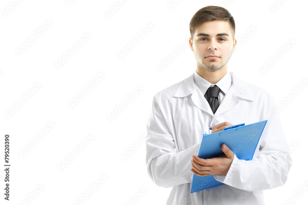 Male Doctor holding clipboard isolated on white Male Doctor holding clipboard isolated on white