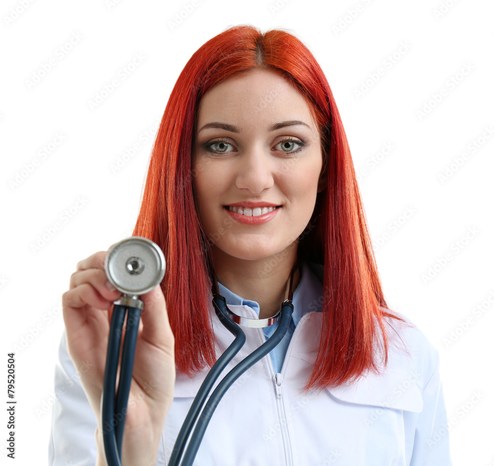 Young beautiful doctor isolated on white Young beautiful doctor isolated on white