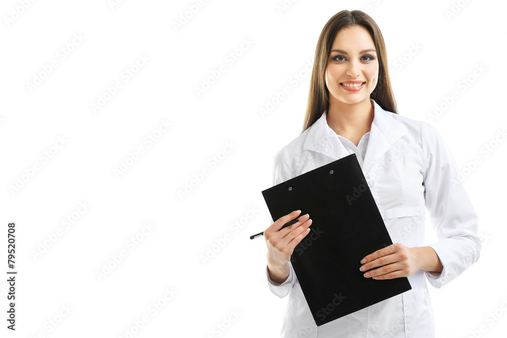 Young beautiful doctor with clipboard isolated on white Young beautiful doctor with clipboard isolated on white