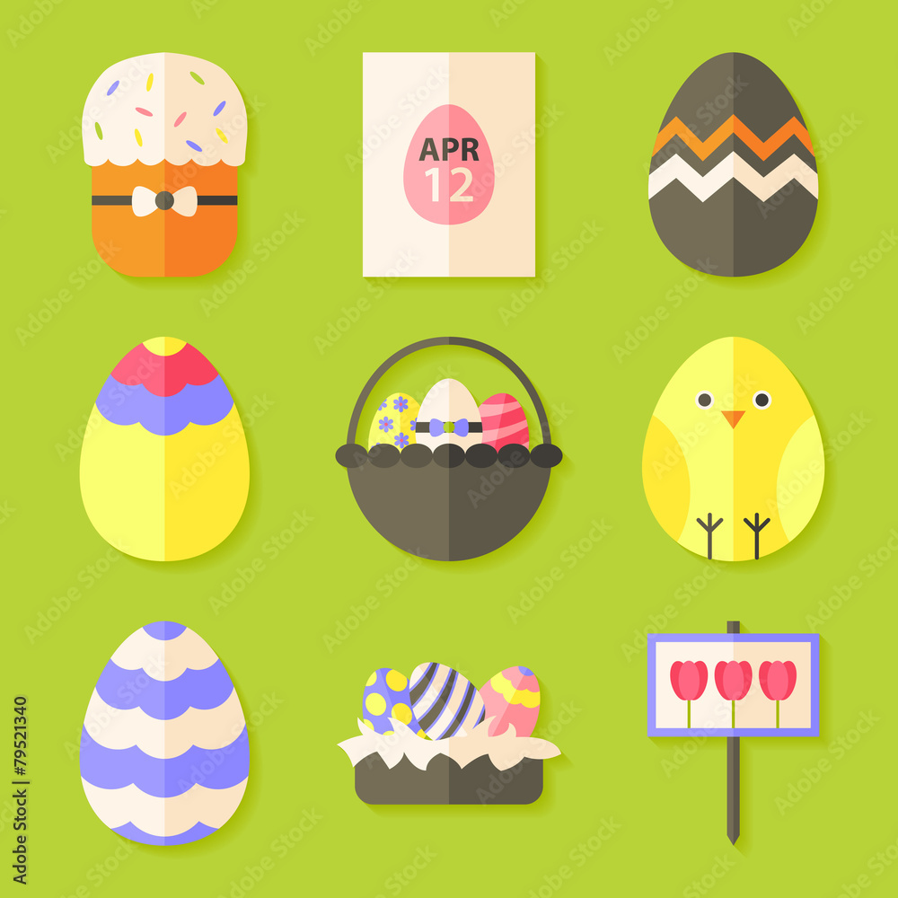 Fototapeta premium Easter icons set with shadows over green