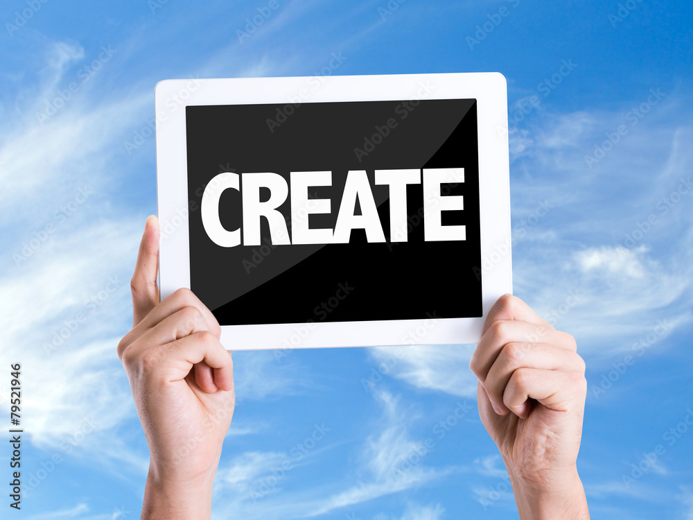 Tablet pc with text Create with sky background Tablet pc with text Create with sky background