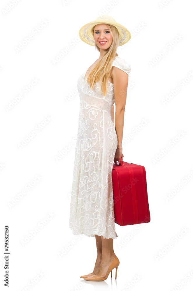 Woman with red suitcase isolated on white Woman with red suitcase isolated on white