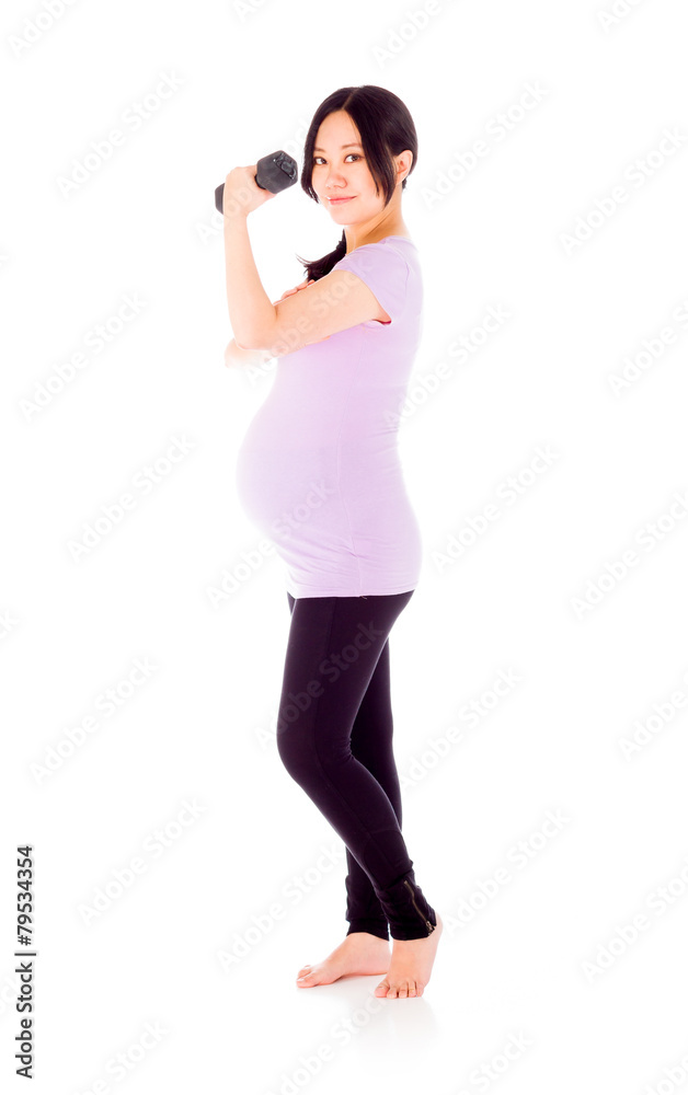 Pregnant asian woman isolated on white exercising with weights Pregnant asian woman isolated on white exercising with weights