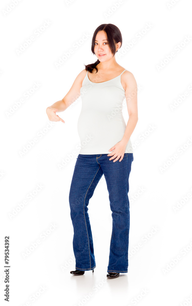 Pregnant asian woman isolated on white pointing to herself Pregnant asian woman isolated on white pointing to herself