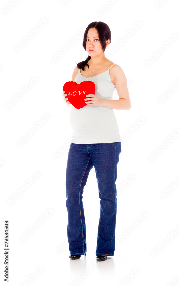 Pregnant asian woman isolated on white in love Pregnant asian woman isolated on white in love