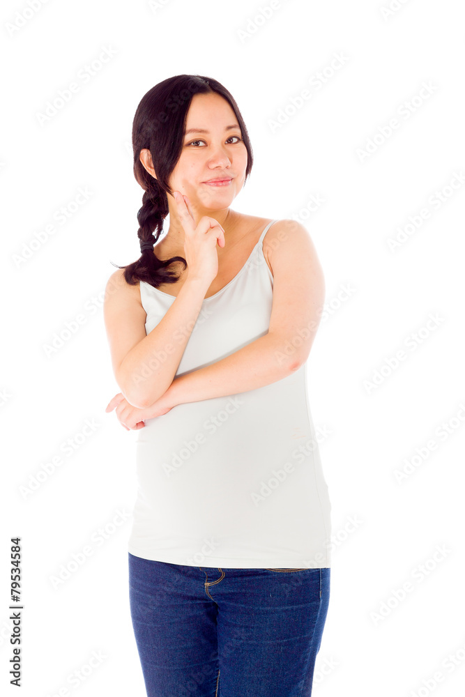 Pregnant asian woman isolated on white fingers crossed for luck Pregnant asian woman isolated on white fingers crossed for luck