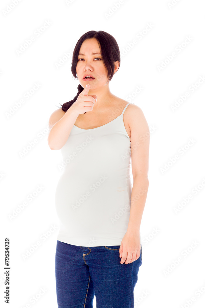 Pregnant asian woman isolated on white scolding upset Pregnant asian woman isolated on white scolding upset