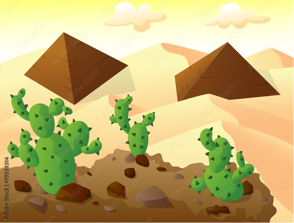Cactus on Top of A Hill, with Two Pyramids in Sand Desert, Vector Illustration Cactus on Top of A Hill, with Two Pyramids in Sand Desert, Vector Illustration