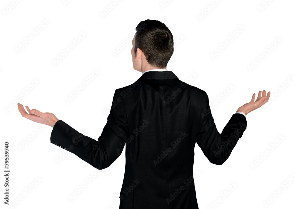 Business man confused looking back Business man confused looking back