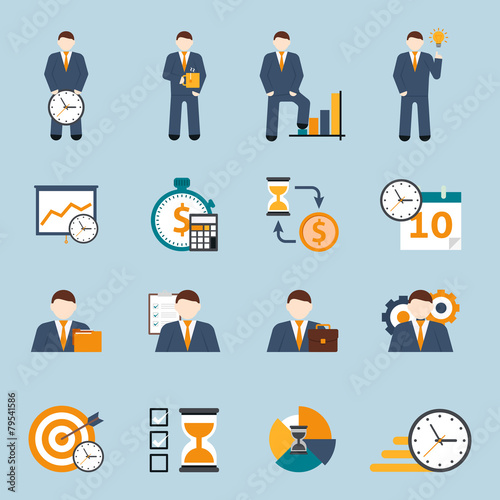Time management flat icons set