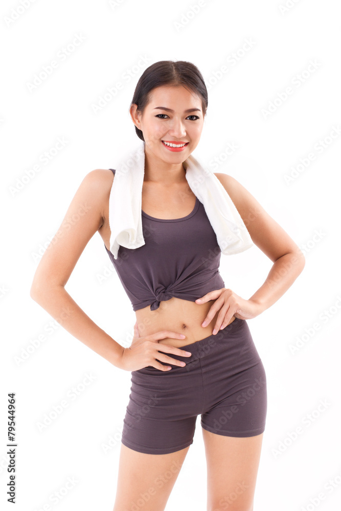 happy, sporty, fitness woman posing with towel happy, sporty, fitness woman posing with towel