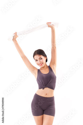 happy, sporty, fitness woman posing with towel