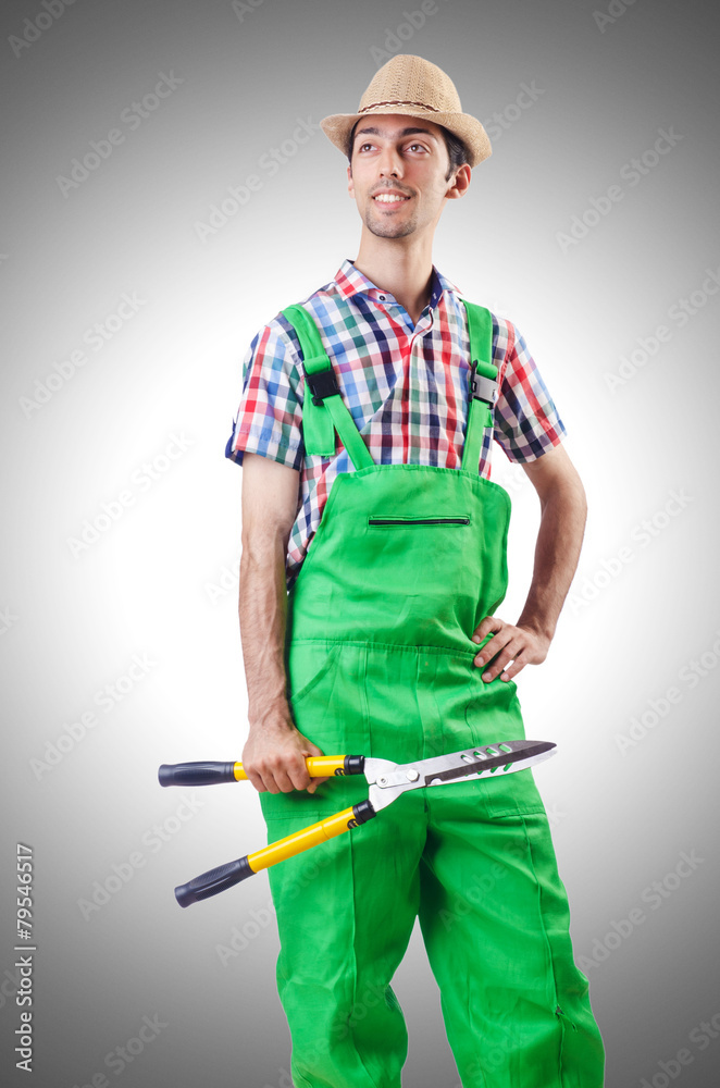 Man gardener with shears on white Man gardener with shears on white