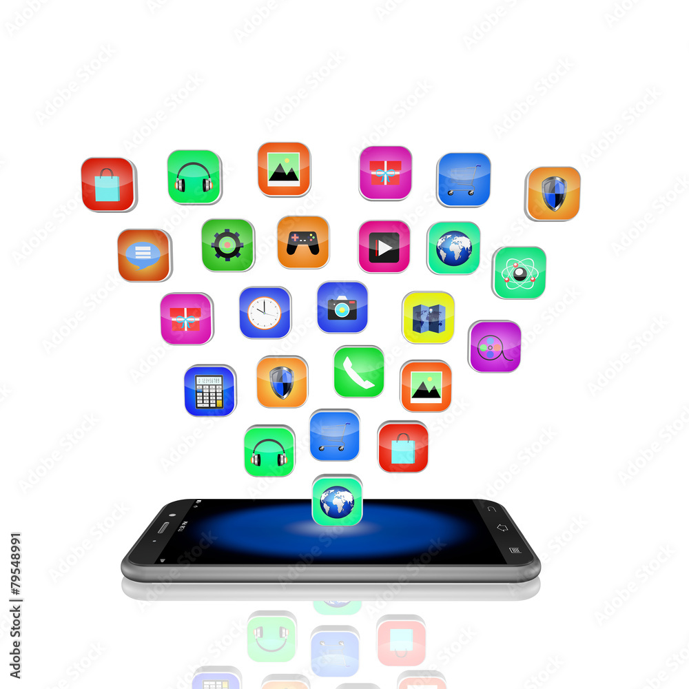 mobile phone with colorful application icons , on white backgrou mobile phone with colorful application icons , on white backgrou