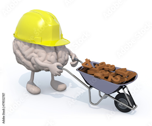 brain with arms, legs and workhelmet carries a wheelbarrow numbe photo