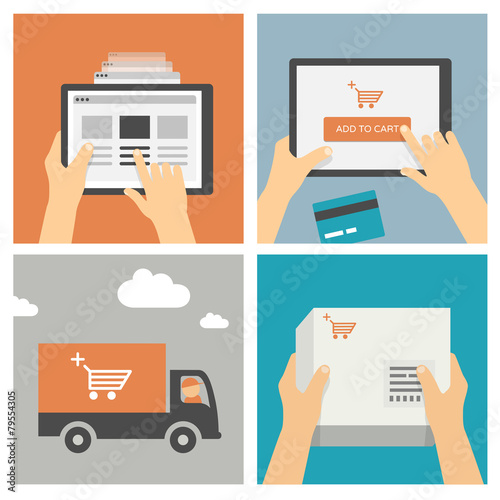 Online shopping on tablet - set of flat design illustrations