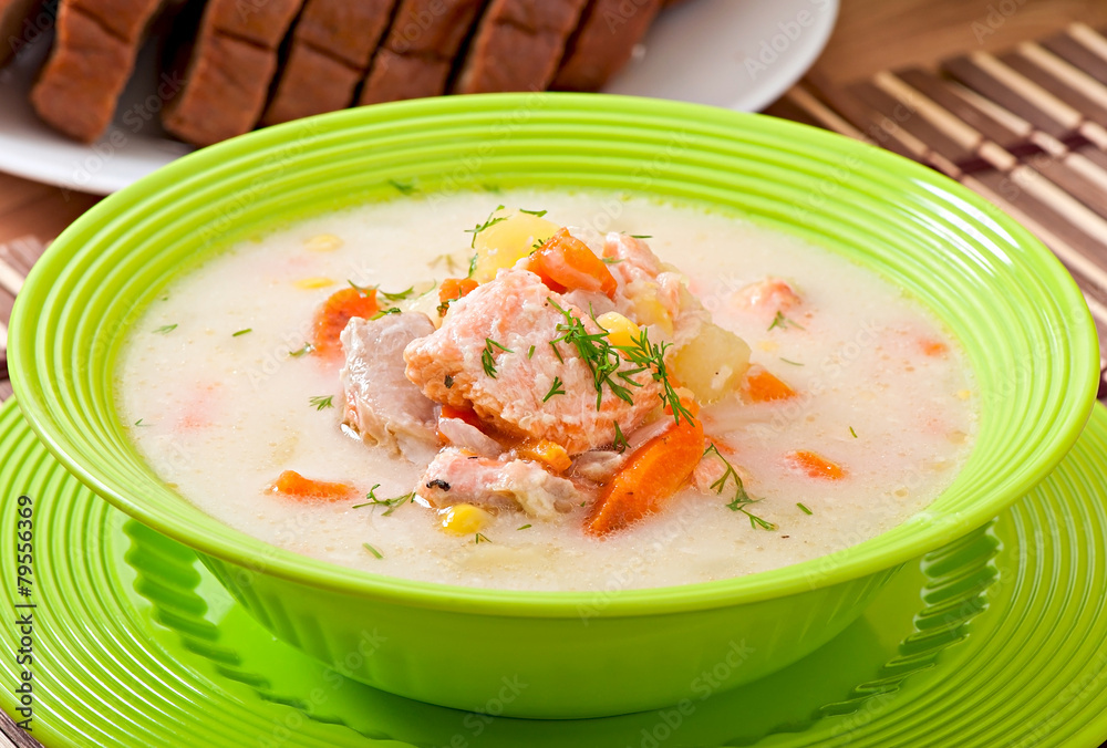 Finnish creamy soup with salmon Finnish creamy soup with salmon