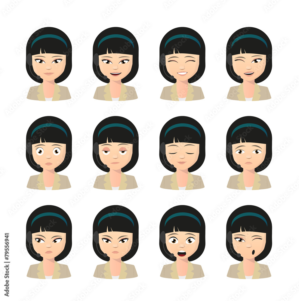 Female asian operator avatar wearing headset expression set Female asian operator avatar wearing headset expression set