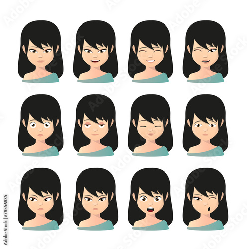 Female asian avatar expression set